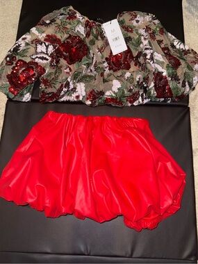 AKIRA Red Vinyl Bubble Skirt with Elastic Hem this listing is for SKIRT ONLY